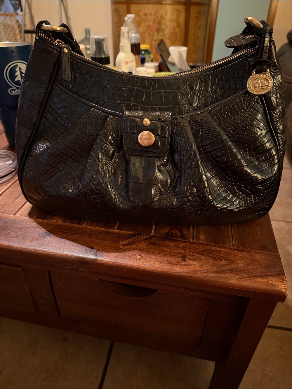 Brahmin Black Croc-Embossed Shoulder Bag